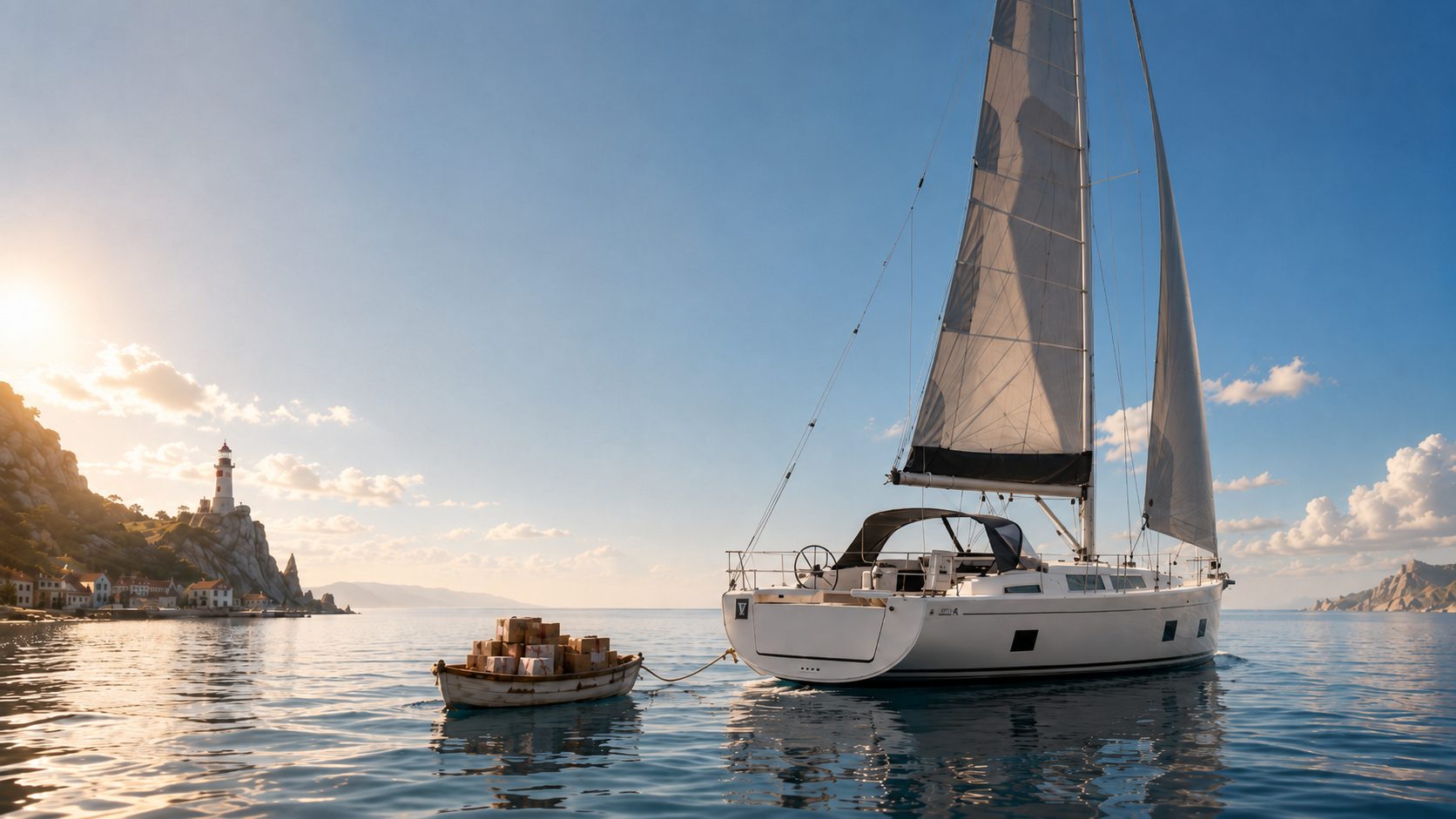 Zeiljacht op kalm water met een bijboot vol pakketten op sleeptouw, een vuurtoren op de kust in de verte.